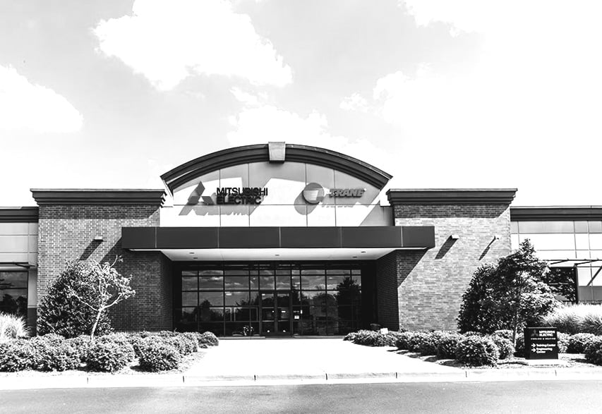 Black and white photo of Mitsubishi Electric Trane US headquarters