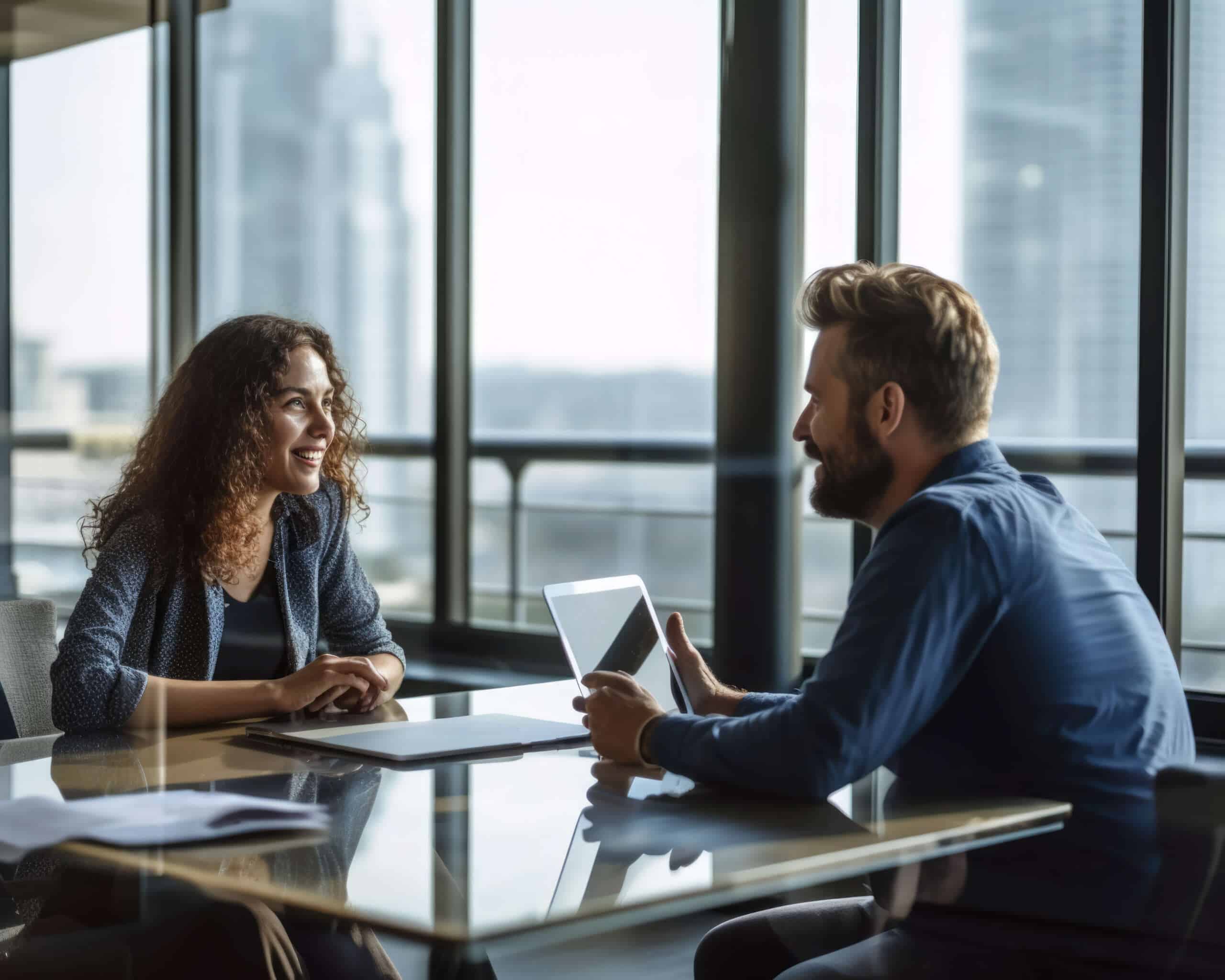 A manager performing a stay interview with an employee