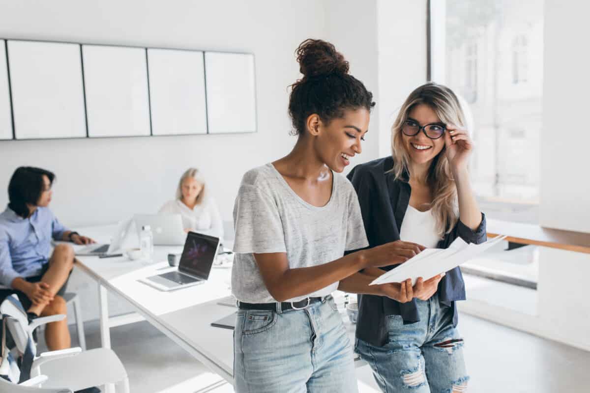 Employees engaged in conversation