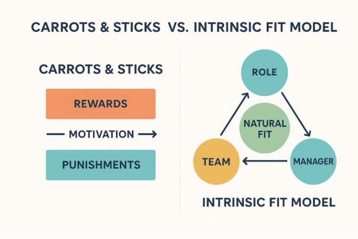 Carraots & Sticks vs Instrinsic Fit – Model and Diagram Diagram of the Carrots & Sticks Model: Motivation is determined by Rewards and Punishments. And the Intrinsic fit model where Role, Manager, Team, all revolve around a natural fit.