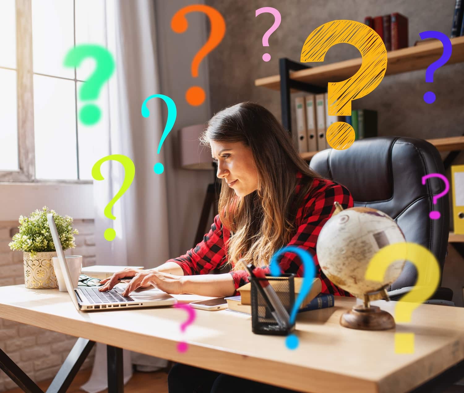 Woman works at home with a laptop with a lot of questions
