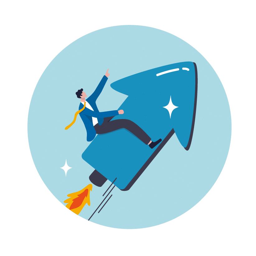 Built to Help People Grow and Develop – 360 Feedback drawing of two employee flying with jetpacks