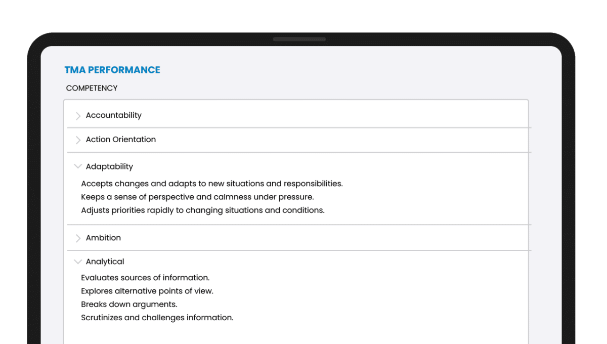 Competencies – TMA Performance leadership competency development process as displayed on a mobile device