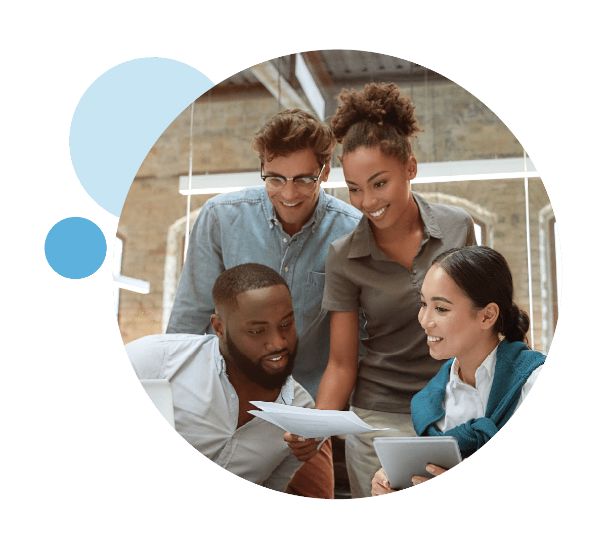 Team Reviewing Report – Bubbles coworkers discussing 360 degree feedback results